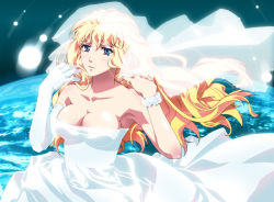 Rule 34 | 1girl, analogstore, armpits, bare shoulders, blonde hair, blue eyes, breasts, bridal veil, cleavage, dress, female focus, gloves, large breasts, long hair, macross, macross frontier, sheryl nome, single glove, smile, solo, space, strapless, strapless dress, veil, very long hair, wedding dress