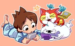 Rule 34 | &gt; &lt;, 10s, 1boy, :o, amano keita, bad id, bad pixiv id, barefoot, brown hair, cat, closed eyes, fangs, ghost, handheld game console, haramaki, jibanyan, lying, multiple tails, nintendo 3ds, notched ear, on stomach, open mouth, pajamas, purple lips, sakiko (gekiama), short hair, simple background, tail, traditional youkai, two tails, watch, whisper (youkai watch), wristwatch, youkai watch, youkai watch (object)