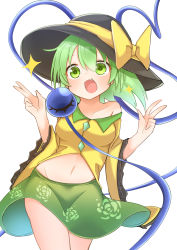 Rule 34 | 1girl, :d, absurdres, black hat, blouse, bow, breasts, double v, fang, floral print, green eyes, green hair, green skirt, groin, hat, hat bow, heart, heart of string, highres, koishi day, komeiji koishi, looking at viewer, midriff, navel, open mouth, rose print, shiki karin, shirt, short hair, simple background, skirt, smile, solo, star (symbol), third eye, touhou, v, white background, wide sleeves, yellow bow, yellow shirt