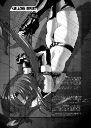 Rule 34 | 00s, 1girl, 45acp, bdsm, blindfold, bondage, bound, bound ankles, bound wrists, facial mark, female focus, forehead mark, gag, gagged, greyscale, highres, hogtie, lindy harlaown, lyrical nanoha, mahou shoujo lyrical nanoha, mahou shoujo lyrical nanoha strikers, monochrome, solo, suspension, thighhighs, translation request, upside-down