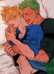 Rule 34 | 2boys, bed, bite mark, black necktie, blonde hair, blood, blue shirt, closed eyes, clothes lift, colored skin, earrings, finger to tongue, flustered, green hair, green kimono, haramaki, highres, hug, hug from behind, japanese clothes, jewelry, kimono, kzwtr8, lying, male focus, mature male, multiple boys, necktie, on bed, on side, one piece, roronoa zoro, sanji (one piece), shirt, shirt lift, single earring, tan, teeth, tongue, tongue out, upper teeth only, white skin, yaoi