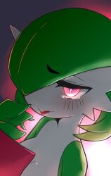 Rule 34 | 1girl, backlighting, blush, bob cut, breasts, bright pupils, closed mouth, colored skin, creatures (company), dark, female focus, game freak, gardevoir, gen 3 pokemon, glowing, glowing eyes, green hair, green skin, hair over one eye, half-closed eyes, hand to own mouth, hand up, highres, looking at viewer, m3 (gardevoir m3), multicolored skin, nintendo, one eye covered, pokemon, pokemon (creature), raised eyebrows, red background, red eyes, short hair, small breasts, solo, standing, tears, tongue, tongue out, two-tone skin, upper body, wavy mouth, white pupils, white skin