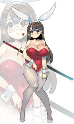 Rule 34 | 1girl, absurdres, animal ears, bare shoulders, blush, breasts, brown hair, cleavage, covered navel, fake animal ears, full body, glasses, grey footwear, grey pantyhose, hairband, heart, highres, kaitsu tokiyas, large breasts, leotard, long hair, original, pantyhose, pink eyes, playboy bunny, rabbit ears, red leotard, round eyewear, shoes, solo, strapless, strapless leotard, sword, sword behind back, weapon, white background, white hairband, wrist cuffs, zoom layer