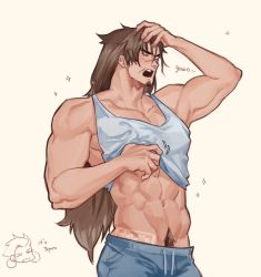 Rule 34 | 1boy, abs, armpits, artist name, bara, biceps, brown hair, chin rest, clothes lift, darius (league of legends), closed eyes, facial hair, head on head, head rest, highres, league of legends, long hair, male focus, mature male, muscular, muscular male, navel, navel hair, pants, pectorals, punbun 4fun, scar, scar on face, scratching, shirt lift, solo, tank top, tears, thick arms, yasuo (league of legends), yawning