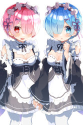 Rule 34 | 2girls, :d, absurdres, bad id, bad pixiv id, black dress, blue eyes, blue hair, blush, breasts, cleavage, detached sleeves, dress, female focus, flower knot, hair ornament, hair over one eye, hair ribbon, hairclip, highres, holding hands, juliet sleeves, long sleeves, looking at viewer, maid, maid headdress, matching hair/eyes, medium breasts, medium hair, multiple girls, noi mine, one eye covered, open mouth, parted lips, pink eyes, pink hair, puffy sleeves, ram (re:zero), re:zero kara hajimeru isekai seikatsu, rem (re:zero), ribbon, siblings, sisters, small breasts, smile, smug, twins, x hair ornament