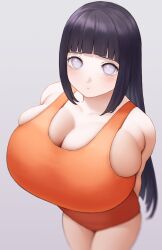 Rule 34 | 1girl, bare shoulders, blurry, blurry background, blush, breasts, cleavage, cowboy shot, dot nose, female focus, grey eyes, highres, huge breasts, hyuuga hinata, long hair, looking at viewer, mil k vanilla, naruto (series), one-piece swimsuit, orange one-piece swimsuit, pale skin, purple hair, solo, swimsuit