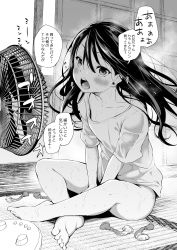 Rule 34 | 1girl, absurdres, airandou, barefoot, blush, bottomless, condom, electric fan, feet, greyscale, hair between eyes, highres, indian style, long hair, looking at viewer, monochrome, original, sitting, soles, solo, sweat, tatami, teeth, toes, translation request, used condom