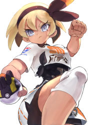 Rule 34 | 1girl, bea (pokemon), black bodysuit, black hairband, blonde hair, bodysuit, bodysuit under clothes, breasts, clenched hand, closed mouth, collared shirt, commentary request, creatures (company), dark-skinned female, dark skin, eyelashes, frown, game freak, gloves, grey eyes, gym leader, hair between eyes, hairband, highres, holding, holding poke ball, incoming attack, knee pads, looking at viewer, nintendo, poke ball, pokemon, pokemon swsh, print shirt, print shorts, shirt, short hair, short sleeves, shorts, single glove, solo, tied shirt, tsunemi aosa, ultra ball, v-shaped eyebrows