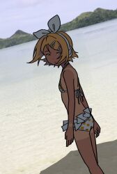 Rule 34 | 1girl, alternate costume, arms at sides, beach, bikini, bikini skirt, blonde hair, blue sky, bow, closed mouth, day, doppelschwert, dutch angle, expressionless, feet out of frame, floating hair, hair bow, hair ornament, hairclip, half-closed eyes, headphones, kagamine rin, looking at viewer, looking back, mountainous horizon, outdoors, photo background, polka dot, polka dot bikini, raised eyebrows, shade, short hair, sky, solo, standing, swept bangs, swimsuit, tan, tanline, vocaloid, white bikini, white bow, wind