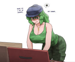 Rule 34 | 1girl, bent over, black hat, box, breasts, camouflage, camouflage pants, camouflage tank top, cleavage, commentary, english commentary, english text, flat cap, green eyes, green hair, green pants, green tank top, hat, highres, jewelry, key, large breasts, leaning forward, looking down, mata (matasoup), medium hair, open mouth, pants, pendant, pocket, simple background, solo, spoken squiggle, squiggle, standing, tank top, touhou, white background, yamashiro takane