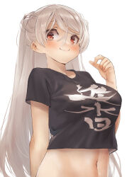 Rule 34 | 1girl, black shirt, brown eyes, closed mouth, clothes writing, conte di cavour (kancolle), grey hair, highres, kantai collection, long hair, navel, shirt, short sleeves, simple background, smile, solo, toka (marchlizard), upper body, white background