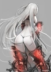 Rule 34 | 10s, 1girl, abyssal ship, aircraft carrier princess, armor, armored boots, ass, bikini, boots, from behind, g-string, grey background, highres, holding, kantai collection, long hair, pale skin, panties, sailor collar, side-tie panties, silver hair, solo, standing, sumisu (mondo), swimsuit, thigh boots, thighhighs, thong, twitter username, underwear, very long hair