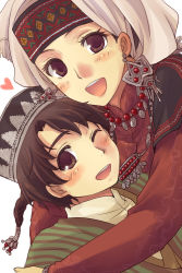Rule 34 | 1boy, 1girl, :d, ;d, age difference, amira, braid, brown eyes, brown hair, dutch angle, earrings, gem, harushino, hat, head scarf, heart, hug, husband and wife, jewelry, karluk, long hair, long sleeves, looking at viewer, necklace, one eye closed, open mouth, otoyomegatari, pearl (gemstone), pearl necklace, short hair, smile, striped