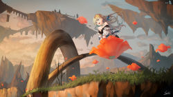 Rule 34 | 1girl, :d, bare shoulders, blonde hair, blue bow, blue eyes, blue sky, bow, braid, breasts, bridge, building, cloud, collarbone, commentary request, detached collar, dress, fantasy, floating island, flower, gradient sky, grass, hair between eyes, hair bow, highres, long hair, looking away, medium breasts, mountain, off-shoulder dress, off shoulder, open mouth, orange flower, orange sky, original, outdoors, saraki, scenery, signature, sky, smile, solo, tower, v arms, white dress, wind