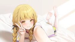 Rule 34 | 1girl, absurdres, black bow, blonde hair, blush, bow, braid, chinese commentary, closed mouth, commentary, english commentary, feet up, fujita kotone, gakuen idolmaster, hair bow, highres, idolmaster, looking at viewer, lying, mixed-language commentary, on stomach, outstretched arm, pantyhose, selfie, shirt, short sleeves, shorts, sidelocks, soles, solo, twin braids, v, white pantyhose, yellow eyes, zhenli-mari