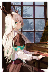 Rule 34 | 1girl, absurdres, animal ears, antlers, blonde hair, brown capelet, brown skirt, capelet, closed mouth, commentary, cowboy shot, deer ears, deer girl, grand piano, green eyes, hair between eyes, highres, horns, indoors, instrument, long hair, long sleeves, looking at viewer, looking to the side, medium bangs, music, nanashi inc., otobeya, piano, playing instrument, shirt, sitting, skirt, smile, snow, solo, symbol-only commentary, tsukinoki tirol, virtual youtuber, white shirt, window