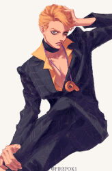 Rule 34 | 1boy, artist name, blonde hair, collared shirt, crossed legs, fingernails, firepok, formal, head rest, highres, jewelry, jojo no kimyou na bouken, looking at viewer, magatama, magatama necklace, male focus, necklace, open clothes, open shirt, prosciutto, shirt, simple background, sitting, solo, suit, vento aureo, white background, yellow shirt