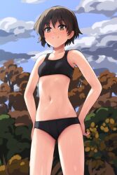 Rule 34 | 1girl, aposine, autumn, black buruma, black sports bra, blue sky, blush, breasts, brown eyes, brown hair, buruma, closed mouth, cloud, collarbone, commentary, cowboy shot, day, english commentary, girls und panzer, isobe noriko, navel, outdoors, short hair, sky, small breasts, smile, solo, sports bra, standing