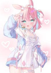 Rule 34 | 1girl, ahoge, animal ear fluff, animal ears, aqua eyes, bell, blue hair, blue jacket, commission, dress, hair bell, hair ornament, hakua aa, heart, highres, indie virtual youtuber, jacket, multicolored hair, nana (vtuber), open clothes, open jacket, pink hair, rabbit ears, rabbit hair ornament, short hair, skeb commission, smile, solo, streaked hair, thigh strap, white dress, x hair ornament