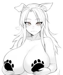 Rule 34 | 1girl, animal ears, blush, borrowed character, breast hold, breasts, dog ears, ego trigger, eyebrows, forehead, greyscale, heart, huge breasts, lass (ego trigger), long hair, monochrome, nude, original, pasties, paw panties, paw print, razalor, sagging breasts, sketch, solo, upper body