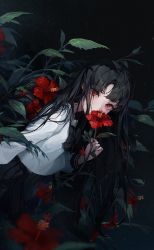 Rule 34 | 1girl, black bow, black bowtie, black hair, black skirt, bow, bowtie, breasts, covering own mouth, flower, from side, highres, holding, holding flower, long hair, looking at viewer, parted bangs, pleated skirt, red eyes, red flower, short sleeves, skirt, solo, ttosom