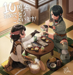 Rule 34 | 2girls, black hair, braid, commentary request, cup, fingerless gloves, food, gloves, hair over one eye, hat, unworn hat, unworn headwear, indoors, kantai collection, kumano maru (kancolle), long hair, multiple girls, no shoes, official art, red eyes, sitting, table, thighhighs, translation request, umihara sakana, very long hair, yamashio maru (kancolle)