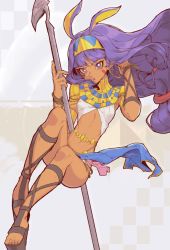 Rule 34 | 1girl, adjusting hair, bracelet, bright pupils, checkered background, dark-skinned female, dark skin, earrings, fate/grand order, fate (series), fetal position, full body, grey background, hairband, jewelry, knees apart feet together, knees up, kuzudon, loincloth, long hair, looking at viewer, navel, nitocris (fate), open mouth, platform footwear, pole dancing, purple eyes, purple hair, sandals, solo, usekh collar, white pupils