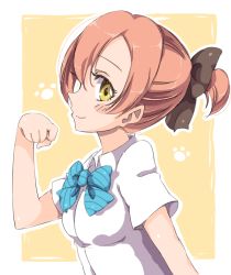 Rule 34 | 10s, 1girl, alternate hairstyle, blouse, blush, bow, breasts, from side, hair between eyes, hair bow, hand up, hoshizora rin, looking at viewer, love live!, love live! school idol project, paw pose, paw print, paw print background, ponytail, profile, sen (sen0910), shirt, short sleeves, sidelocks, small breasts, smile, solo, two-tone background, white background, white shirt, yellow background