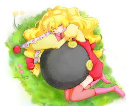 Rule 34 | 1girl, beryl benito, blonde hair, bow, creature, closed eyes, flower, horns, long hair, open mouth, ribbon, sleeping, socks, tales of (series), tales of hearts, thighhighs, wide sleeves