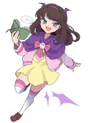 Rule 34 | 1girl, :d, bat wings, blue eyes, book, brown footwear, brown hair, capelet, cardigan, commentary, dress, fang, full body, hairband, hand up, highres, holding, holding book, kurosu aroma, loafers, long hair, long sleeves, looking at viewer, neckerchief, nojima minami, open book, open mouth, paprika private academy school uniform, pink cardigan, pink hairband, pink neckerchief, pretty series, pripara, purple capelet, running, school uniform, shoes, short dress, smile, solo, striped clothes, striped thighhighs, symbol-only commentary, thighhighs, white background, white thighhighs, wing hair ornament, wings, yellow dress