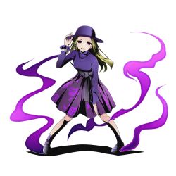 Rule 34 | 10s, 1girl, blonde hair, divine gate, floating hair, full body, hand on headwear, hand on own knee, hat, khole (divine gate), leaning forward, long hair, looking at viewer, official art, open mouth, purple hair, purple skirt, purple socks, red eyes, skirt, socks, solo, standing, sun hat, transparent background, ucmm