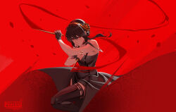 Rule 34 | 1girl, artist name, bare shoulders, black choker, black dress, black footwear, black gloves, black hair, blood, blood on face, boots, choker, closed mouth, commentary, dagger, dated, dress, fighting stance, fingerless gloves, floating hair, flower, gloves, gold hairband, hair between eyes, hair flower, hair ornament, hairband, highres, holding, holding weapon, knife, long dress, long hair, peaces arts, red background, red eyes, red theme, serious, sidelocks, solo, spy x family, stiletto (weapon), thigh boots, weapon, yor briar