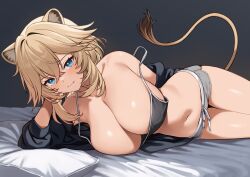 Rule 34 | 1girl, :3, absurdres, animal ears, armpits, bare shoulders, bed, black camisole, black jacket, black shirt, blonde hair, blue eyes, breasts, camisole, cleavage, closed mouth, collarbone, commentary request, covered erect nipples, crop top, dolphin shorts, drawstring, fang, grey shorts, head rest, highres, jacket, large breasts, lion ears, lion girl, lion tail, long hair, looking at viewer, lying, micro shorts, midriff, navel, no bra, off shoulder, on bed, on side, open clothes, open jacket, original, pillow, shirt, short shorts, shorts, skin fang, sleeveless, sleeveless shirt, smile, solo, stomach, strap slip, tail, tail raised, takunomi, thigh gap, thighs