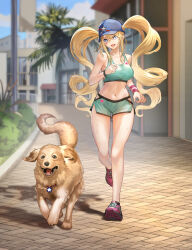 Rule 34 | 1girl, :d, absurdres, alternate costume, azur lane, bare arms, bare shoulders, blonde hair, blue eyes, blue headwear, breasts, collarbone, commentary request, day, dog, full body, green shorts, green sports bra, guam (azur lane), hat, highres, iitsumonemu, large breasts, long hair, looking at animal, navel, open mouth, outdoors, red footwear, running, shoes, short shorts, shorts, smile, sneakers, sports bra, star-shaped pupils, star (symbol), stomach, sweat, symbol-shaped pupils, thighs, twintails