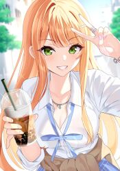 Rule 34 | 1girl, blue ribbon, blue skirt, blush, breasts, brown cardigan, bubble tea, cardigan, cardigan around waist, chain, chain bracelet, cleavage, clothes around waist, collarbone, cup, disposable cup, fingernails, gakuen idolmaster, green eyes, grin, hatsuboshi gakuen school uniform, highres, holding, holding cup, idolmaster, jewelry, long hair, looking at viewer, loose neck ribbon, medium breasts, mole, mole under eye, nail polish, neck ribbon, necklace, orange hair, outdoors, ribbon, ring, school uniform, shirt, shiun sumika, skirt, smile, solo, sutoroa, upper body, v, very long hair, white shirt