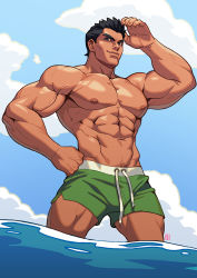Rule 34 | 1boy, abs, absolum art, bara, black hair, blue eyes, bulge, cloud, cloudy sky, commission, cowboy shot, drawstring, green male swimwear, green swim trunks, highres, large pectorals, little mac, male focus, male swimwear, navel, nintendo, nipples, partially submerged, pectorals, punch-out!!, sky, smile, solo, super smash bros., swim trunks, swimsuit, thighs, topless male, veins, wading