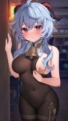 Rule 34 | 1girl, absurdres, ahoge, bare shoulders, bell, blue hair, blush, bodystocking, breasts, commentary request, covered erect nipples, covered navel, ganyu (genshin impact), genshin impact, highres, horns, large breasts, long hair, looking at viewer, neck bell, one breast out, paid reward available, purple eyes, reel (riru), solo, thighs