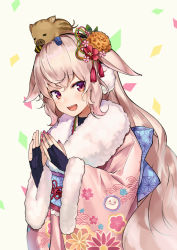 Rule 34 | .live, 1girl, 1other, animal, animal on head, black gloves, blue bow, blush, bow, commentary request, earmuffs, fingerless gloves, floral print, fur collar, fur trim, furisode, gloves, hair ornament, japanese clothes, kimono, koga taiga, long hair, mokota mememe, nail polish, obi, on head, open mouth, piglet, pink hair, pink kimono, pink nails, sash, smile, solo focus, tail, tail wagging, teeth, upper body, upper teeth only, very long hair, virtual youtuber, wide sleeves