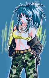 Rule 34 | 1girl, bare shoulders, belt, blue background, blue eyes, blue hair, breasts, camouflage, camouflage pants, crop top, dog tags, earrings, hands in pants, highres, jacket, jacket partially removed, jewelry, leona heidern, navel, pants, ponytail, poririna, signature, simple background, solo, tank top, the king of fighters, triangle earrings, watermark, web address, yellow tank top, zipper