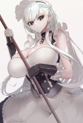 Rule 34 | 1girl, absurdres, apron, azur lane, belfast (azur lane), braid, breasts, broken, broken chain, chain, chain, cleavage, collar, french braid, frilled gloves, frills, gloves, highres, large breasts, long hair, low neckline, maid, maid headdress, saturndxy, silver hair