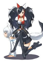 Rule 34 | 2girls, ahoge, all fours, animal ear fluff, animal ears, black footwear, black gloves, black hair, black shorts, black thighhighs, boots, braid, breasts, cleavage, closed eyes, commentary request, crossed arms, crossed legs, detached sleeves, dress, ear covers, elbow gloves, fox ears, fox girl, fox tail, gloves, green eyes, hair between eyes, hair over one eye, highres, hololive, hood, hoodie, kyo se, long hair, looking at viewer, medium breasts, multicolored hair, multiple girls, ookami mio, ookami mio (wonderland), red hair, shirakami fubuki, shirakami fubuki (1st costume), short shorts, shorts, sidelocks, simple background, single braid, single thighhigh, sitting, sitting on person, smile, streaked hair, tail, thigh boots, thighhighs, twintails, virtual youtuber, white background, white hair, white hoodie, wolf ears, wolf girl, yellow eyes