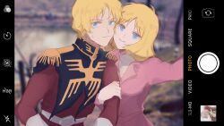 Rule 34 | 1boy, 1girl, absurdres, belt, blonde hair, blue eyes, blurry, blurry background, brother and sister, cellphone, char aznable, closed mouth, epaulettes, fake phone screenshot, fake screenshot, gloves, gundam, high collar, highres, ios (os), jacket, locked arms, long sleeves, looking at viewer, military uniform, mobile suit gundam, phone, photo background, pink jacket, red jacket, sayla mass, shirt, short hair, siblings, smartphone, smile, sweat, taking picture, tira zhang, turtleneck, uniform, upper body, wavy mouth, white belt, white gloves, white shirt