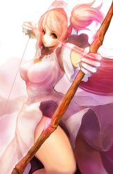 Rule 34 | 10s, 1girl, arrow (projectile), bow, bow (weapon), breasts, drawing bow, dress, gloves, holding, holding bow (weapon), holding weapon, kaname madoka, large breasts, long hair, magic, mahou shoujo madoka magica, mahou shoujo madoka magica (anime), pink eyes, short hair, short twintails, solo, spoilers, twintails, two side up, ultimate madoka, weapon, yaoya musuko