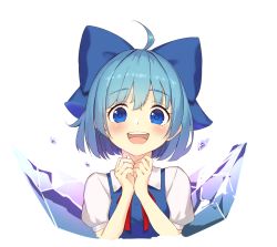 Rule 34 | 1girl, :d, ahoge, blue bow, blue eyes, blue hair, bow, cirno, cropped torso, hair bow, happy, ice, looking at viewer, open mouth, quasar631, short hair, short sleeves, smile, solo, touhou, upper body