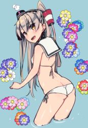 Rule 34 | 1girl, alternate costume, amatsukaze (kancolle), arms at sides, ass, bikini, blue background, butt crack, cosplay, flat ass, floral background, from behind, hairband, head tilt, kantai collection, leaning forward, long hair, looking at viewer, lowleg, lowleg bikini, open mouth, ripples, sailor bikini, sailor collar, side-tie bikini bottom, silver hair, smokestack, solo, swimsuit, tahya, thighs, two side up, white bikini, yellow eyes, z3 max schultz (kancolle) (cosplay), z3 max schultz (kancolle)