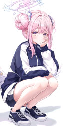 Rule 34 | 1girl, absurdres, black footwear, blue archive, blush, closed mouth, commentary, double bun, funii, hair bun, halo, highres, jacket, long sleeves, looking at viewer, mika (blue archive), pink hair, pink halo, shoes, short hair, simple background, solo, squatting, symbol-only commentary, track jacket, white background, yellow eyes