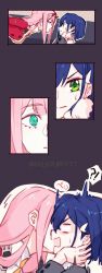 Rule 34 | 10s, 2girls, blue hair, darling in the franxx, green eyes, hair ornament, hairclip, highres, horns, ichigo (darling in the franxx), kissing cheek, long hair, milk puppy, multiple girls, pink hair, purple background, short hair, surprised, wavy mouth, yuri, zero two (darling in the franxx)