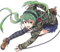 Rule 34 | &gt;:d, 1girl, :d, action, belt, bent over, black gloves, black thighhighs, blue skirt, bow, brown footwear, camouflage, camouflage jacket, cross-laced footwear, eyebrows, eyelashes, fingerless gloves, floating hair, full body, gloves, green hair, hair between eyes, headphones, hood, hood down, hooded jacket, itou (onsoku tassha), jacket, long hair, long sleeves, looking at viewer, low twintails, miniskirt, open belt, open mouth, original, plaid, pleated skirt, pouch, red bow, school uniform, shade, shoes, skirt, sleeves past wrists, smile, solo, striped clothes, striped thighhighs, thighhighs, twintails, v-shaped eyebrows, white background, wire