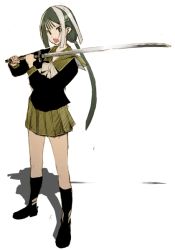 Rule 34 | 1girl, katana, okama, original, pleated skirt, school uniform, serafuku, simple background, skirt, solo, sword, weapon, white background