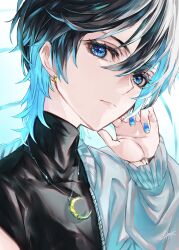 Rule 34 | 1boy, aqua eyes, aqua hair, aqua jacket, aqua nails, arm up, bishounen, black shirt, blue hair, blue nails, closed mouth, colored tips, crescent, crescent necklace, earrings, from side, gradient hair, hair between eyes, highres, jacket, jewelry, long sleeves, looking at viewer, male focus, medium hair, multicolored hair, necklace, original, shirt, sidelocks, solo, upper body, yoru shiki